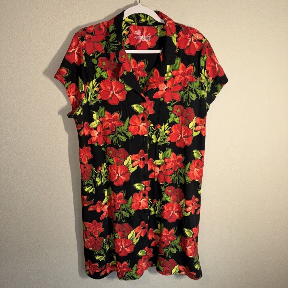 Cabernet Patio Casuals Women’s Button Down Shirt Dress Red Floral